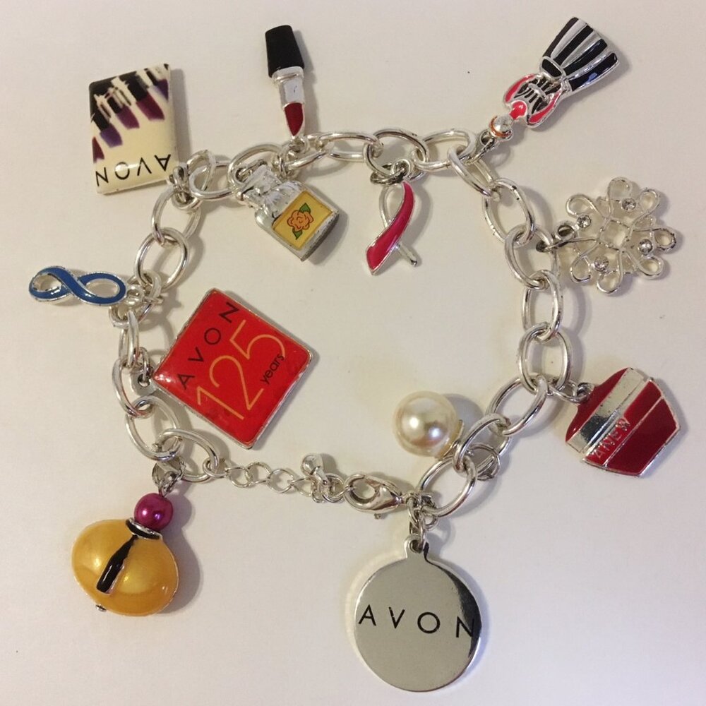 Avon 12 Charms Bracelet Silver Metal Link Chain 125 Years Anniversary Lipstick
